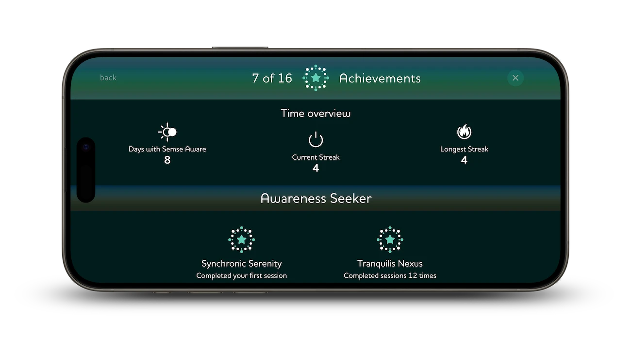 Semse Aware application Achievements list shown on iPhone 15 Pro Max