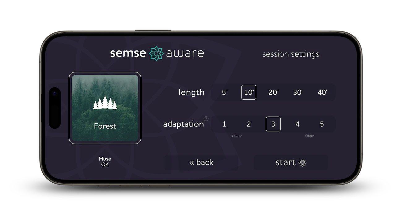Semse Aware application Session settings shown on iPhone 15 Pro Max